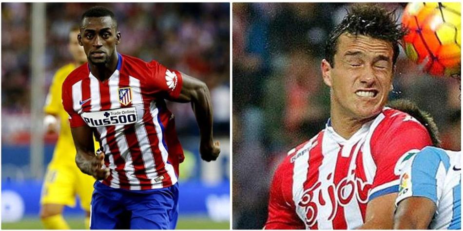 Jackson Martínez (izq.), delantero del Atlético de Madrid. Bernardo Espinosa, derecha, defendor del Sporting Gijón.