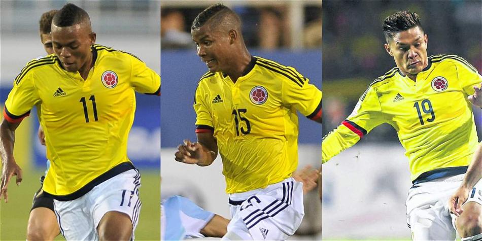 Harlold Preciado (izq.) Wilmar Barrios (cen.) y Teófilo Gutiérrez (der.) jugadores de la Selección Olímpica de Fútbol.