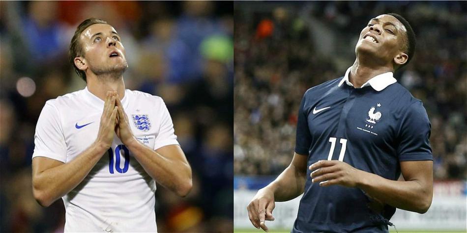 Harry Kane (izq.), jugador de Inglaterra, y Anthony Martial (der.), jugador de Francia.