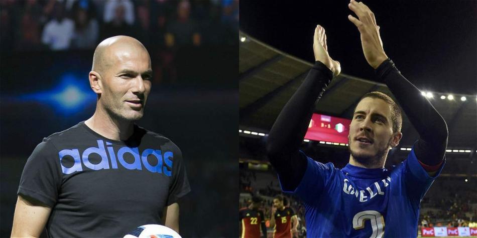 Zidane (izq.), técnico de Real Madrid Castilla, y Eden Hazard, jugador de Chelsea.