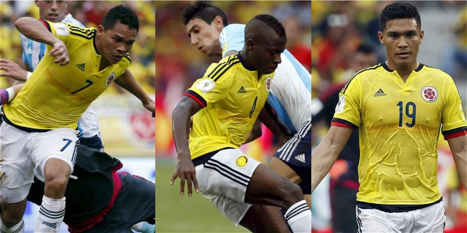 Bacca, Helibelton y Teófilo, jugadores de la Selección Colombia.