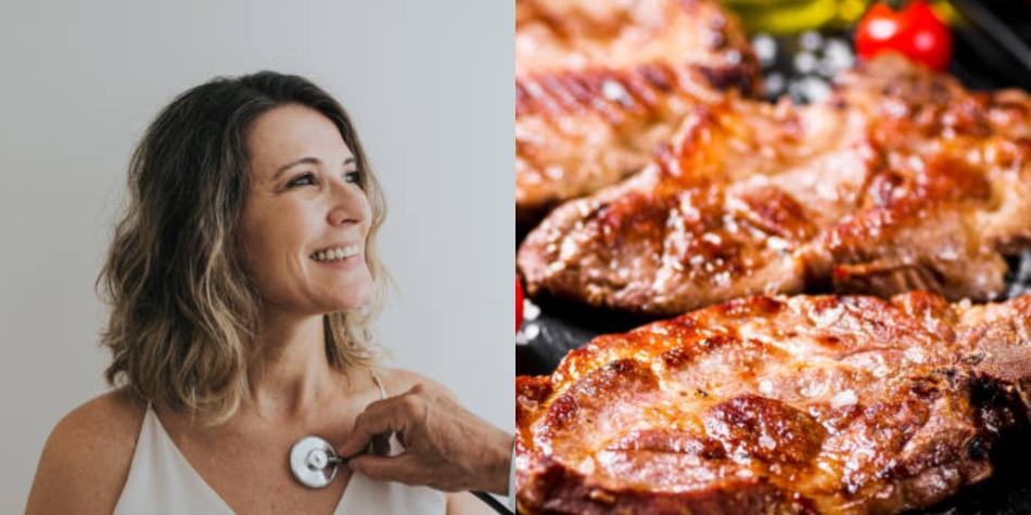Mujer siendo atendida y carne de cerdo